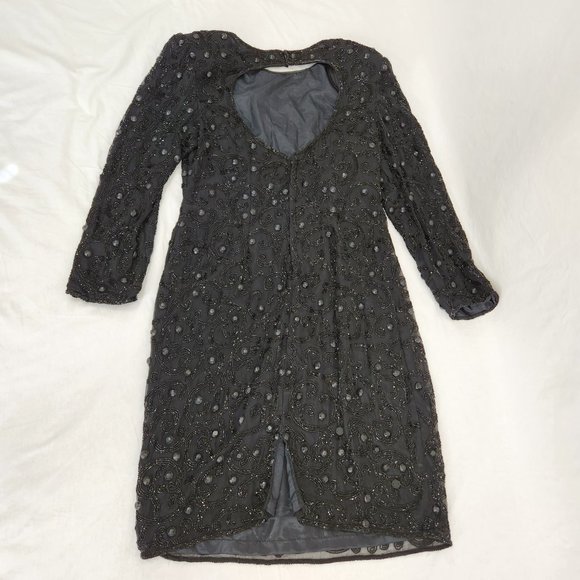 Vintage JOAN LESLIE Hollywood-Fairy-Tale Beaded Black Silk Sheath Dress Size 10. - Picture 9 of 16